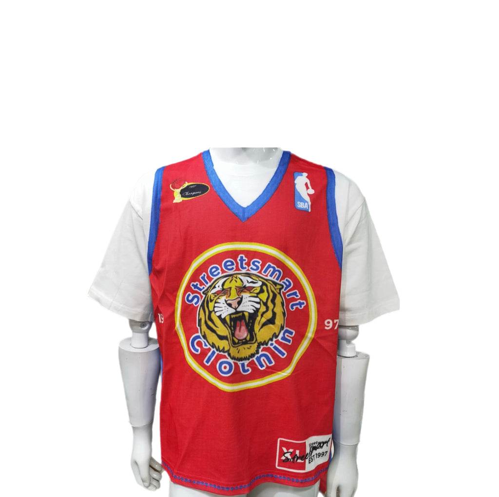 SBA jersey with red front, white sleeves, blue trim, tiger crest and Streetsmart Clothing logo, DTG print.