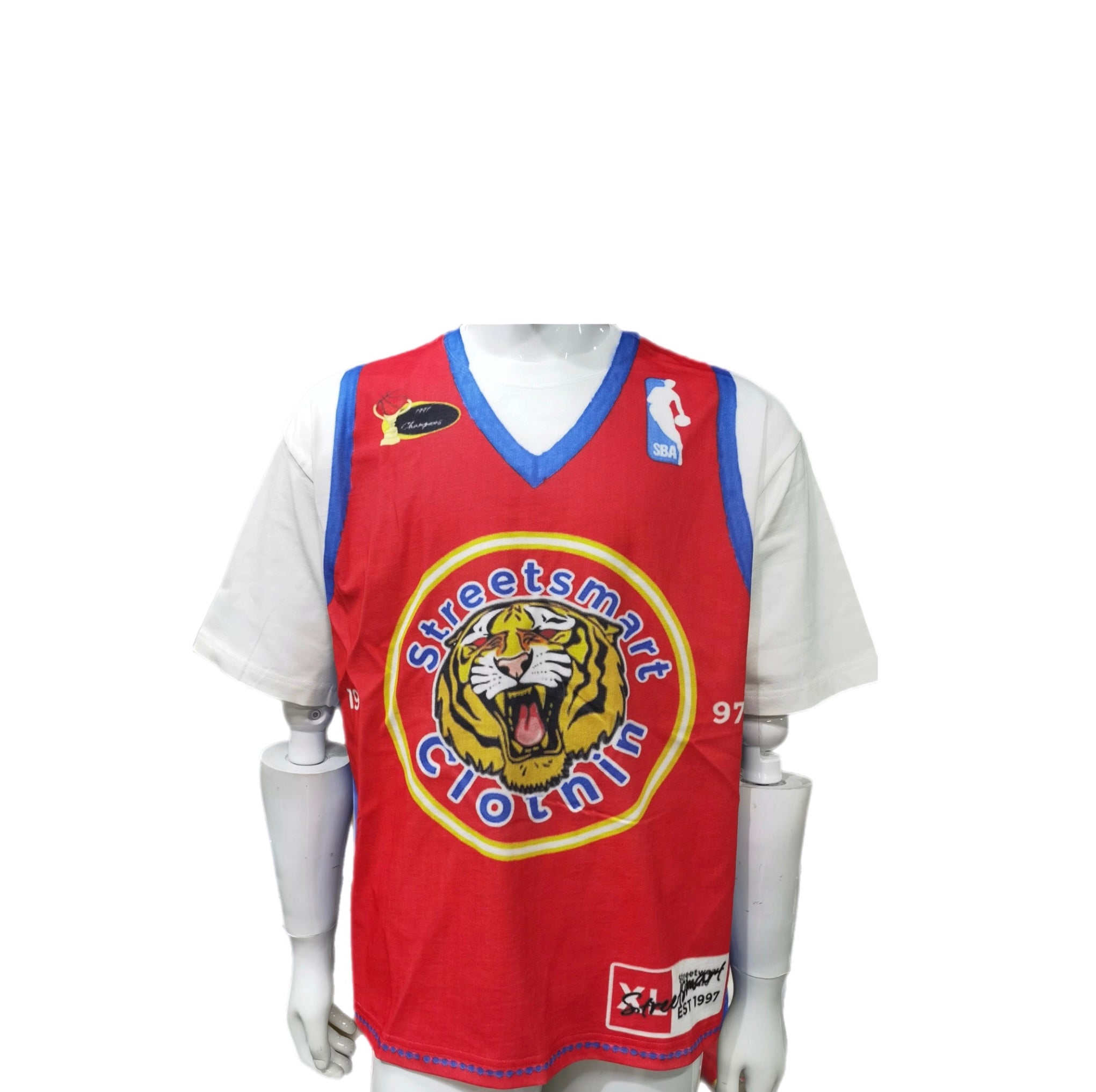 SBA jersey with red front, white sleeves, blue trim, tiger crest and Streetsmart Clothing logo, DTG print.